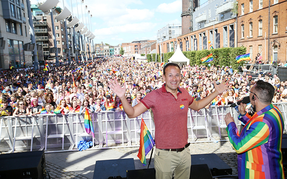 Taoiseach Leo Varadkar standing in front of the crowds at Dublin Pride.