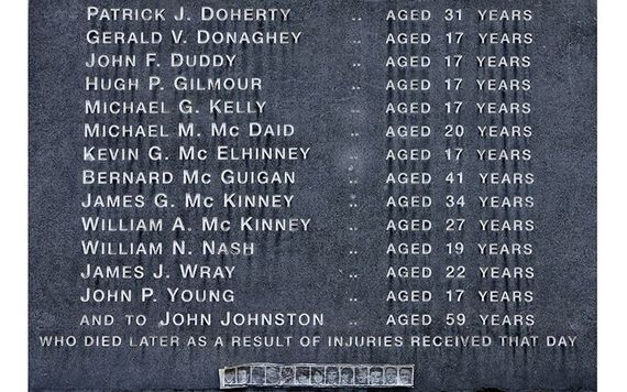 The names of the victims of Bloody Sunday on a monument in Bogside, Derry.