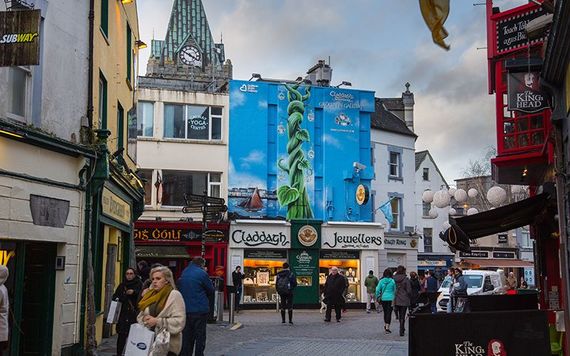 The colorful shopfront of Claddagh Jewellers in Galway.