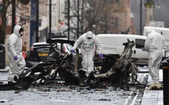 Remains of a car bomb in Derry, detonated by the IRA in mid-January.