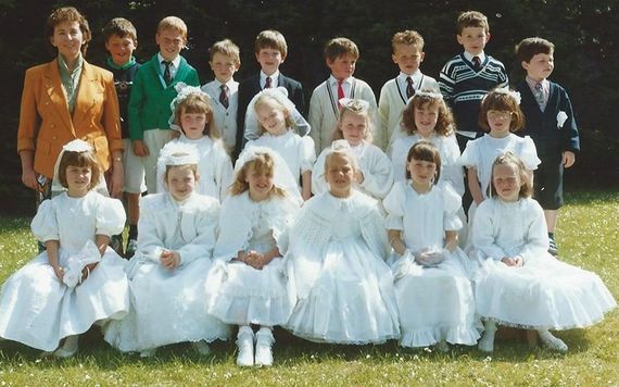 Jean Farrell as a young teacher with her First Holy Communion class, in Athlone.