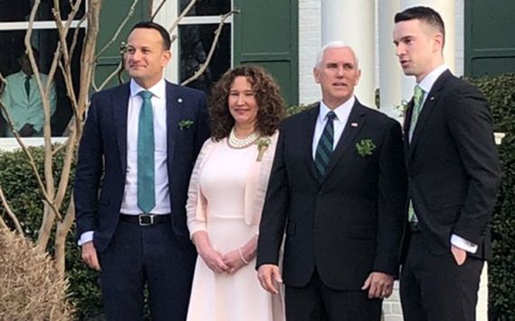 Mike Pence welcoming Ireland's openly gay leader Leo Varadkar and his boyfriend Matt in Washington DC, on St. Patrick's Day 2018.
