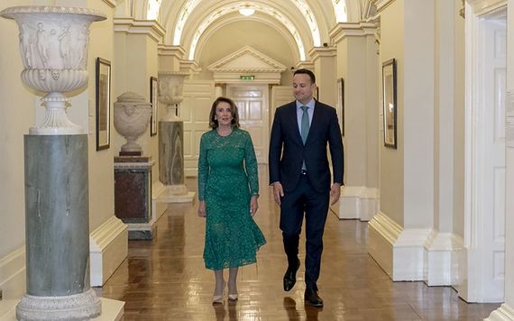 Speaker Nancy Pelosi and Irish Taoiseach (Prime Minister) Leo Varadkar walking the corridors of Dublin Castle.