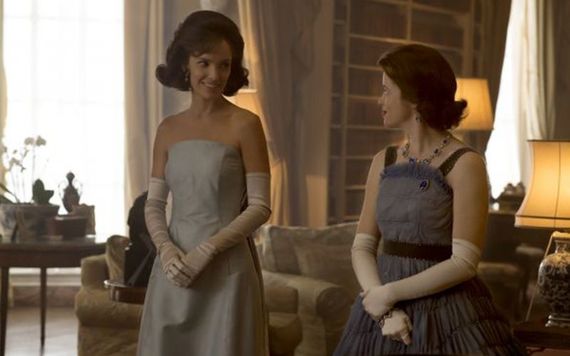 A still from the smash-hit Netflix series "The Crown" of the actresses who play Jackie and The Queen.