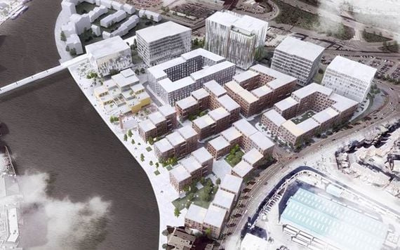 An aerial shot of the Waterside, in Belfast.