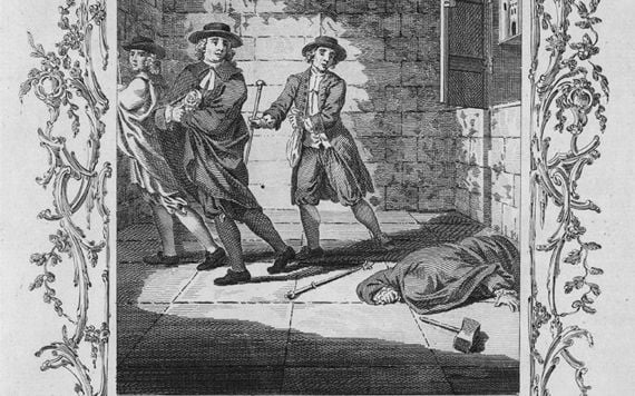 An engraving of the attempted theft of the Crown Jewels.