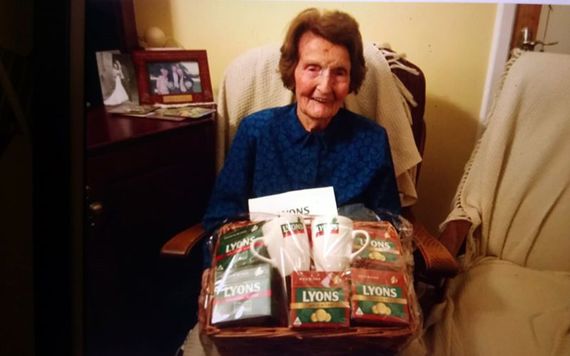 Bridie delighted with a massive haul of Lyon's tea, her favorite.