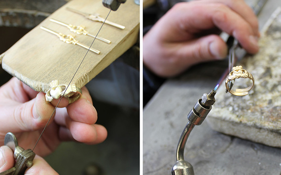 Making a gold Claddagh ring.