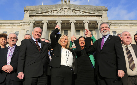 McGuinness, O'Neill, MacDonald and Adams on the step of Stormont.