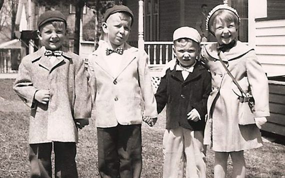 Mike (second from left), his brother Pat (second from right) with their cousins David and Paula on Easter Sunday long ago. Notice the Irish caps on the three boys!