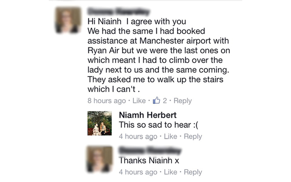 A fellow Facebook user supported Bushnell's claim and highlighted that it was not the first time Ryanair had failed to aid a disabled passenger.
