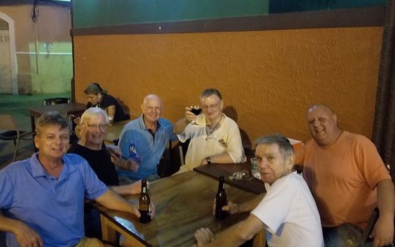 Enjoying a drink outside O'Shea's Irish pub in Granada are Martin McNally, who runs the Bella Del Mar boat tours in Granada; Edward O' Connor, Toronto artist; pub owner Tom Griffin; Galway journalist Ciaran Tierney; Wexford man Gerald Webb, owner of the Casa Del Agua guest house; and John Mc Nally, visiting his son from Toronto.