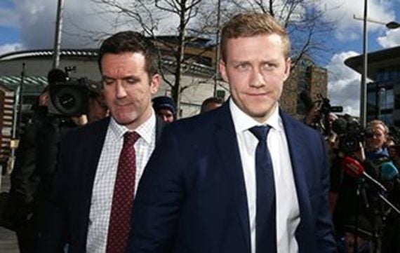 Stuart Olding (right) leaving court after an innocent verdict was returned.