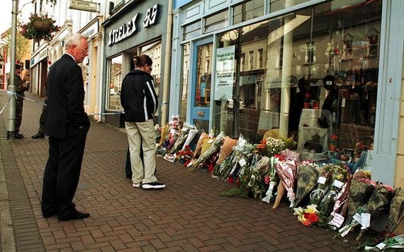 Flowers left in rememberance of the 29 murdered by the IRA in Omagh, County Tyrone.