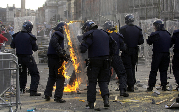 Police injured by flaming projectiles as Sinn Fein protesters clashed with unionists on O'Connell Street in 2006.