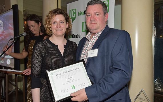Sheila Langan of IrishCentral with Brendan O'Sullivan accepting on behalf of honoree Solus. Photo: Nuala Purcell