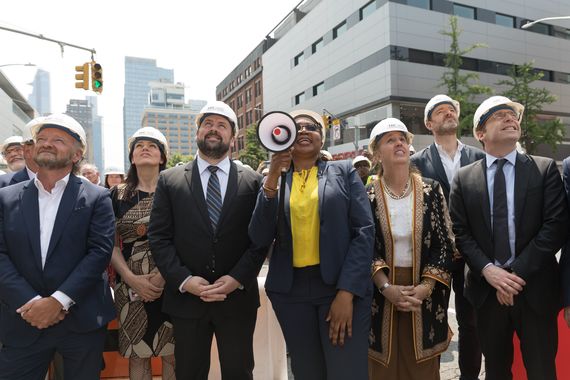 Irish Arts Center Board Chair Gerrard Boyle; Irish Arts Center Vice Chair Pauline Turley; Irish Arts Center Executive Director Aidan Connolly; Project Executive at Pavarini McGovern, Sade Obayemi; Manhattan Borough President Gale Brewer; Irish Arts Center Board member Shane Naughton; Ciarán Madden, Consul General of Ireland. Photo by Amanda Gentile.