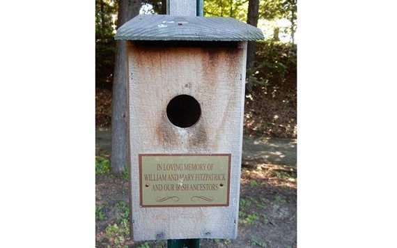 Bluebird house in St. Agnes Cemetery, Menands, NY memorializing Kate's grandparents William and Mary Waters Fitzpatrick and her other Irish ancestors.