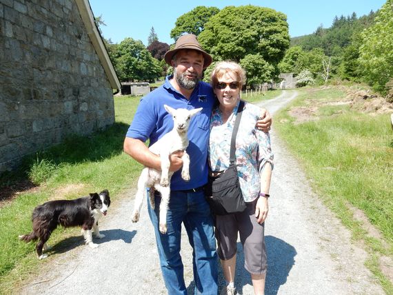 Michael Clowe with Kate, his border collie Dell and one of his baby lambs.