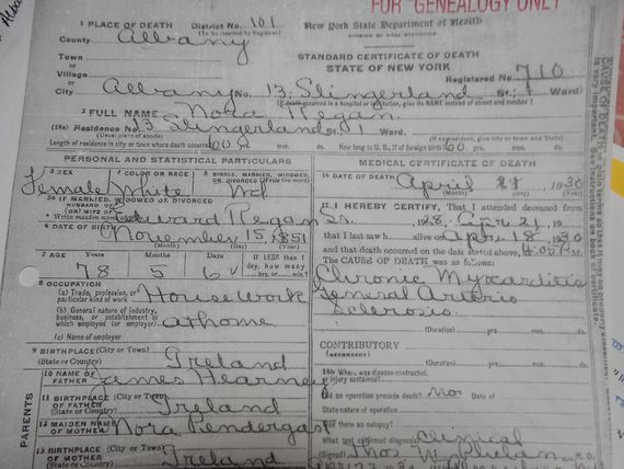 Nora Regan's death certificate names her parents James Hearney and Nora Pendergast and states that they were all born in Ireland.