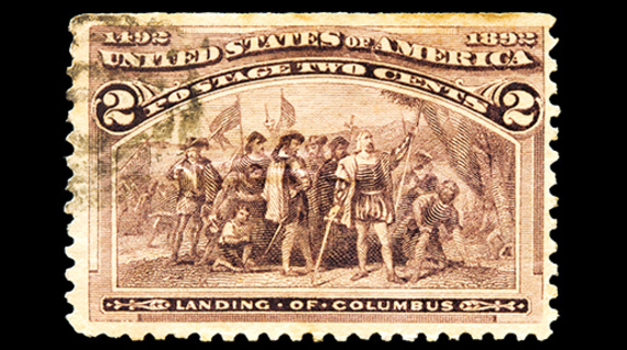 Landing of Columbus in the Americas postal stamp. 