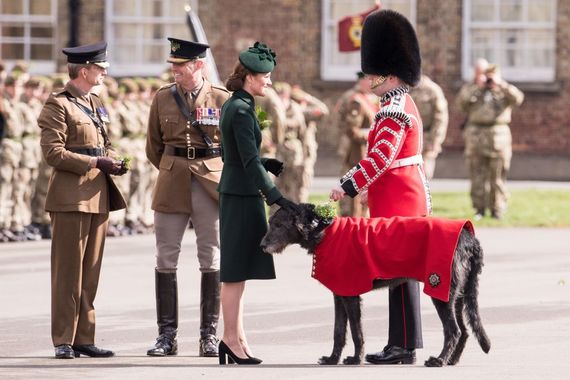 Catherine, Duchess of Cambridge attends the 1st Battalion Irish Guards St Patrick's Day Parade at Cavalry Barracks on March 17, 2019, in Hounslow, England. (Photo by Jeff Spicer/Getty Images)
