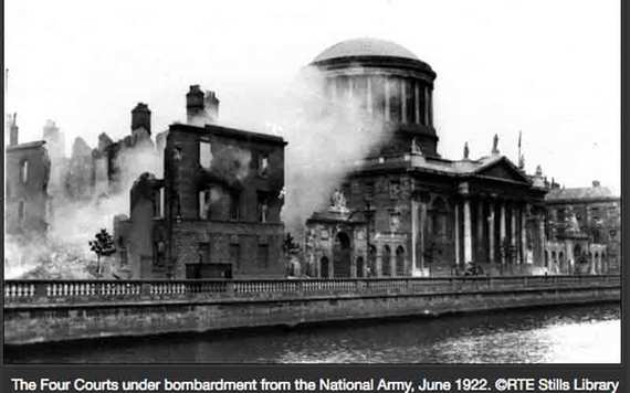 Burning of the Public Records Office in Dublin on June 30, 1922 during the Irish Civil War.