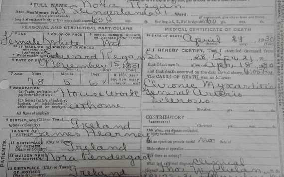 The death certificate of Kate’s great grandmother Nora Hearney Regan names both of her parents, but gives their place of birth as Ireland (no townland or county).