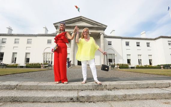 Magdalene survivors Gabrielle O'Gorman and Angie Downey standing proudly on the steps of the president's residence. Photo: Leah Farrell/Rolling News