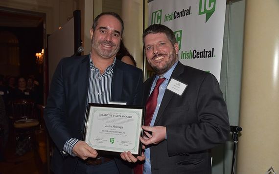 Michael Galbe, accepting the Media & Innovation award on behalf of Claire McHugh of Axonista with Steve Lenox of award category sponsor Irish Network USA