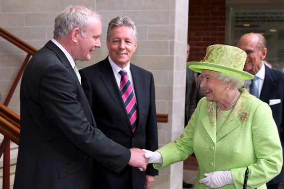 Martin McGuinness shaking hands with Queen Elizabeth II. Martin McGuinness shaking hands with Queen Elizabeth II.