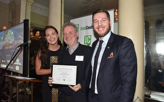 Sophie Colgan with honoree Ciaran O'Reilly of the Irish Repertory Theater with Greg King of The Stage category sponsor Slane Irish Whiskey. Photo: Nuala Purcell