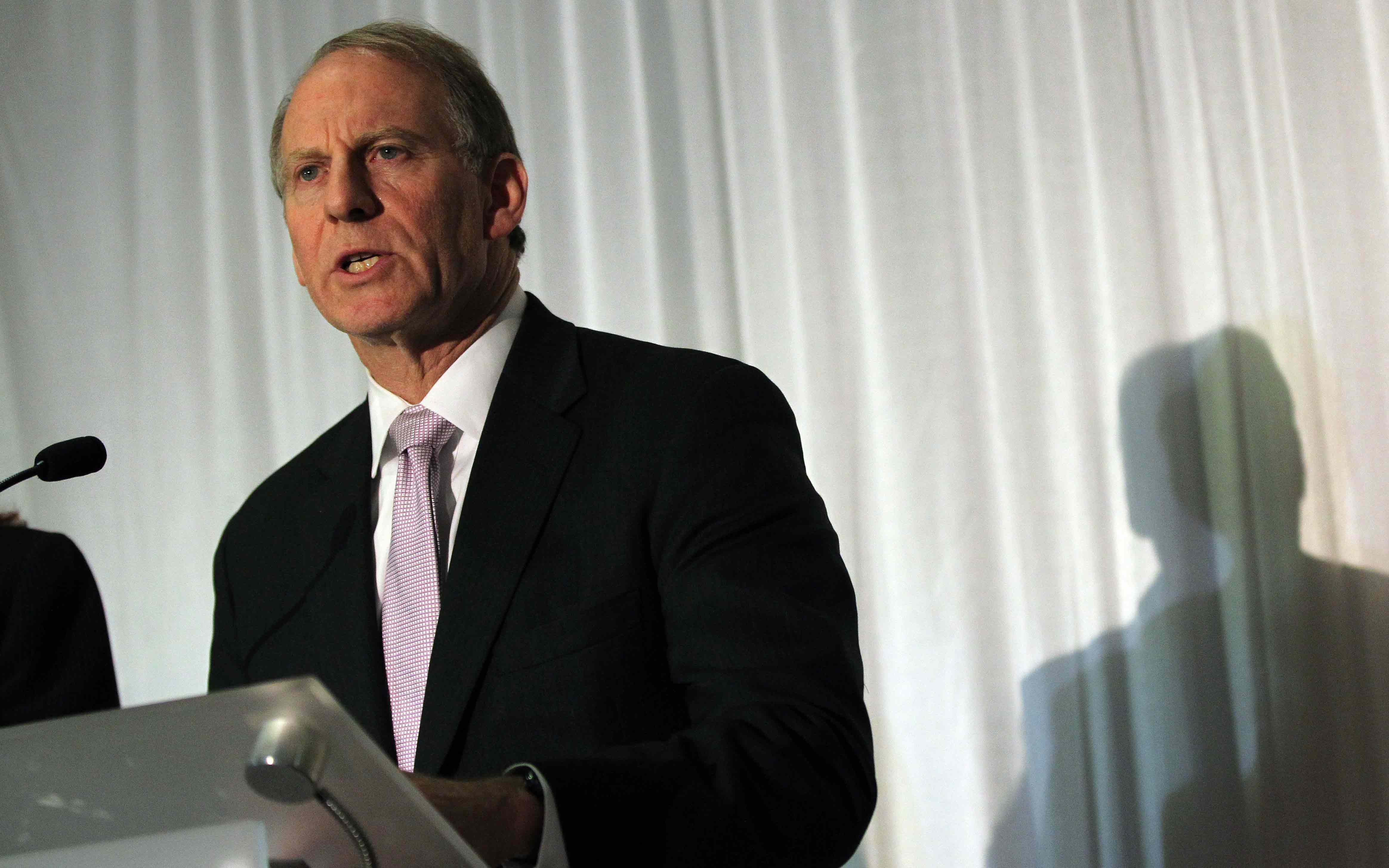 Former US diplomat Richard Haass speaks to the media during a press conference at the Stormont hotel in Belfast, Northern Ireland on December 31, 2013. (PETER MUHLY/AFP/Getty Images)