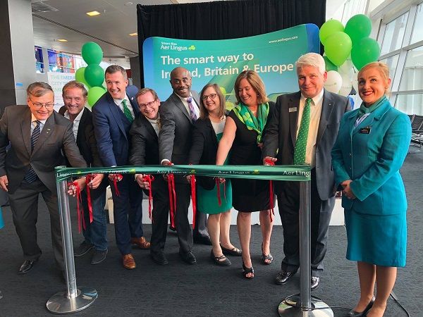 Robert O’Driscoll, Consul General of Ireland, Western United States (3rd from left) at launch of first direct flight between Seattle and Dublin (Photo: Brendan Shriane)