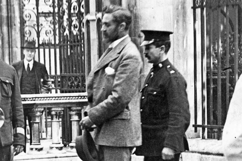 Irish patriot and British Consular Official Sir Roger Casement (1864 - 1916) leaving the law courts during his trial in London, 1916. He was charged and found guilty of treason after trying to obtain German aid for Irish Independence. (Getty Images)
