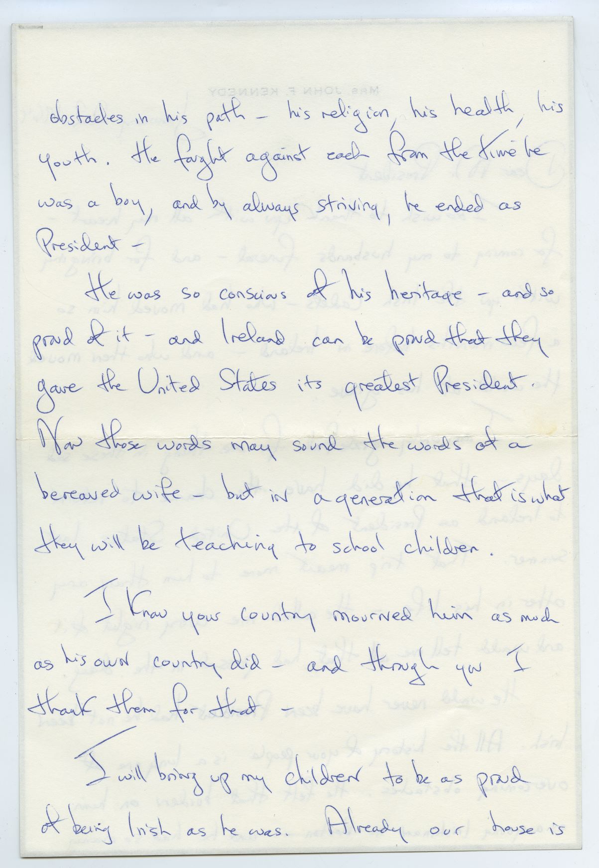 Page two of Jacqueline Kennedy's letter to President of Ireland Eamon de Valera six weeks after the assassination of her husband, President John F. Kennedy. This handwritten letter is featured in 'The Presidents' Letters: An Unexpected History of Ireland' by Flor MacCarthy and is reproduced with kind permission of UCD-OFM Partnership.