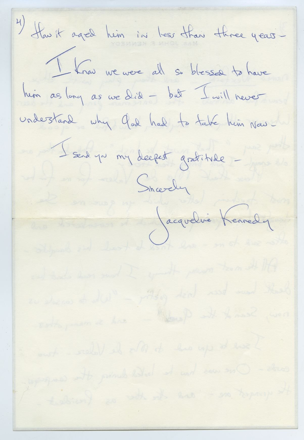 Page four of Jacqueline Kennedy's letter to President of Ireland Eamon de Valera six weeks after the assassination of her husband, President John F. Kennedy. This handwritten letter is featured in 'The Presidents' Letters: An Unexpected History of Ireland' by Flor MacCarthy and is reproduced with kind permission of UCD-OFM Partnership.