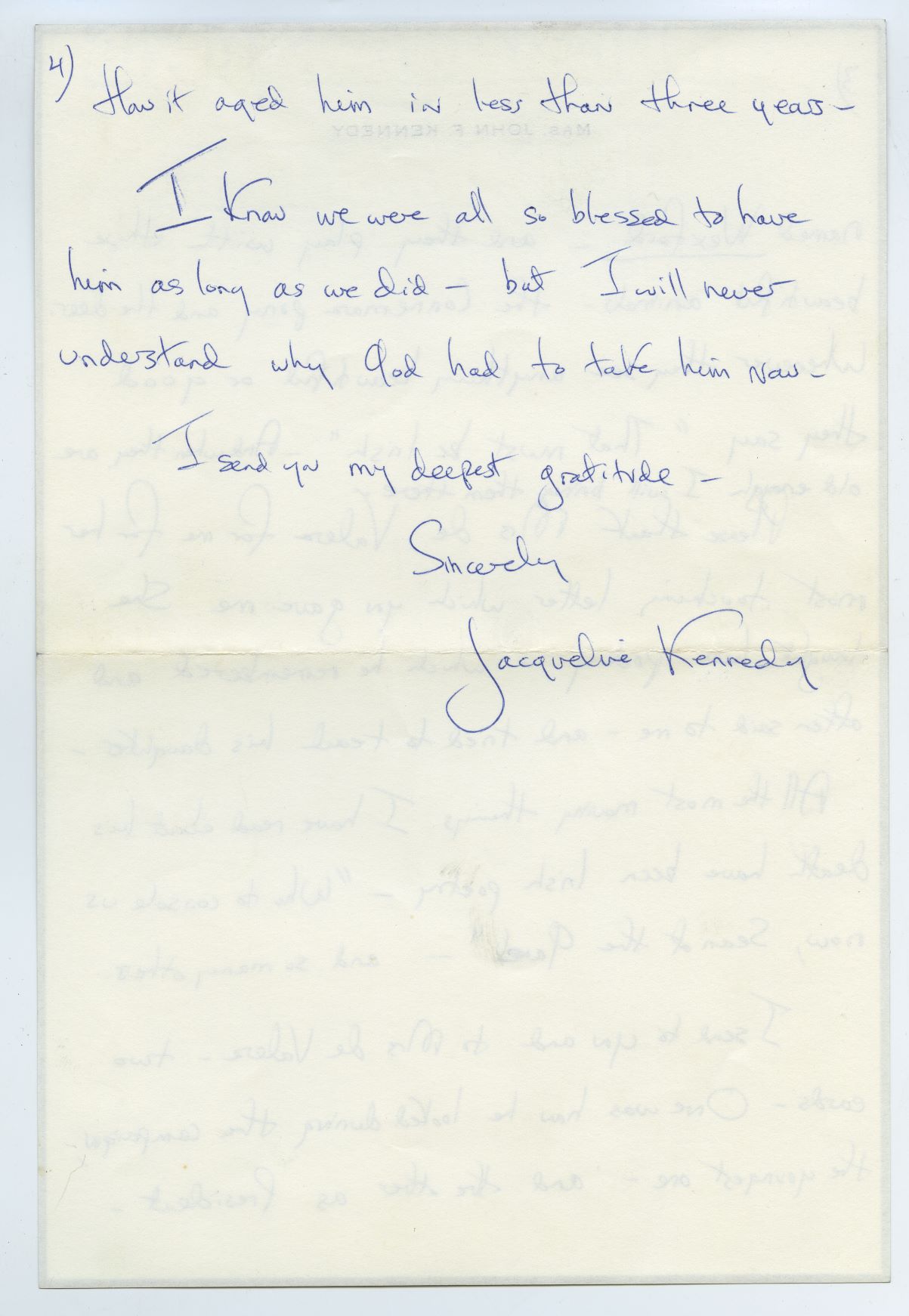 Page four of Jacqueline Kennedy's letter to President of Ireland Eamon de Valera six weeks after the assassination of her husband, President John F. Kennedy. This handwritten letter is featured in 'The Presidents' Letters: An Unexpected History of Ireland' by Flor MacCarthy and is reproduced with kind permission of UCD-OFM Partnership.